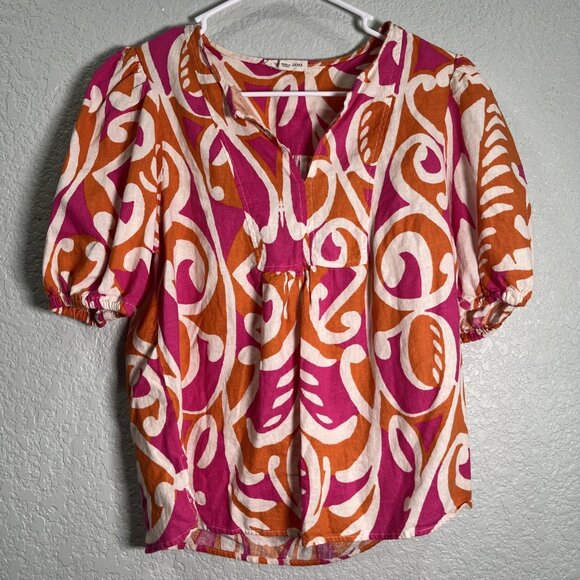 Christian Siriano Top Womens S Pink Orange Linen Balloon Sleeve Peasant Resort - Picture 1 of 9